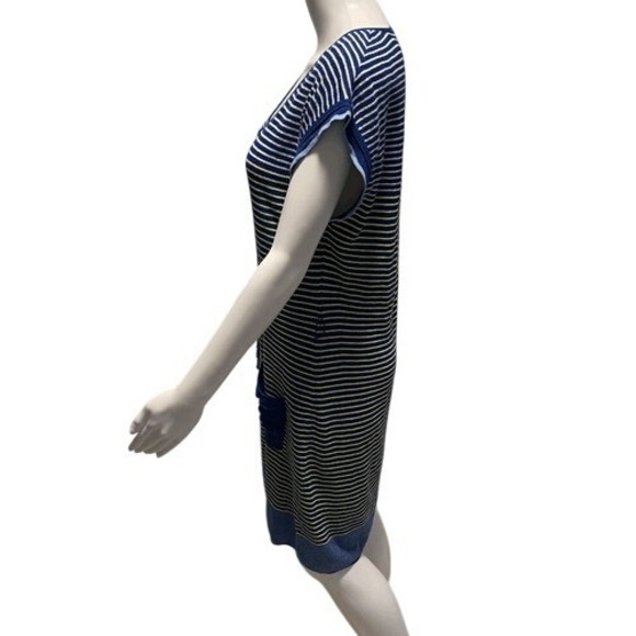 Nanette Lepore Heartbeat Blue Yellow Striped Linen Blend Dress Ruffle Pockets S‎ - Picture 6 of 10